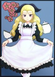 Rule 34 | 1girl, alternate costume, amanone yun, apron, assam (girls und panzer), black border, black dress, black ribbon, blonde hair, blue background, border, closed mouth, collared dress, crossed knees, cup, curtsey, dress, enmaided, frilled apron, frills, girls und panzer, hair pulled back, hair ribbon, highres, juliet sleeves, long hair, long sleeves, looking at viewer, maid, medium dress, pantyhose, puffy sleeves, purple eyes, ribbon, smile, solo, standing, teacup, teapot, white apron, white pantyhose