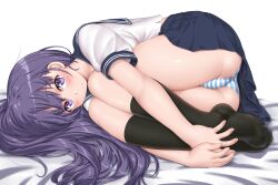Rule 34 | 1girl, ass, bed sheet, black sailor collar, black skirt, black socks, blush, closed mouth, dd (ijigendd), fetal position, hair between eyes, long hair, looking at viewer, lying, on side, original, panties, partially visible vulva, pleated skirt, purple eyes, purple hair, sailor collar, school uniform, shirt, short sleeves, simple background, skirt, smile, socks, solo, striped clothes, striped panties, thighs, underwear, white background, white panties, white shirt