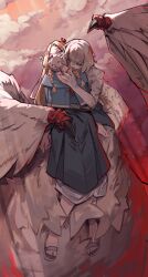 Rule 34 | 2girls, absurdres, belt, blonde hair, blood, blood on face, blue capelet, blue robe, bow, braid, capelet, carrying, carrying person, centauroid, choker, closed eyes, cloud, cloudy sky, dungeon meshi, falin touden, falin touden (chimera), fang, feathered wings, feathers, green eyes, hair bow, highres, long hair, marcille donato, multiple girls, red bow, red choker, robe, sandals, short hair, skin fang, sky, spoilers, sunlight, talons, taur, togekk0, twin braids, white hair, wings, yuri