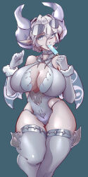 Rule 34 | 1girl, absurdres, alternate costume, blue background, breasts, cleavage, cleavage cutout, clothing cutout, curvy, duel monster, eating, elbow gloves, eyebrows, eyelashes, feet out of frame, female focus, gloves, highleg, highleg swimsuit, highres, horns, huge breasts, lizard (pixiv27427278), looking at viewer, lovely labrynth of the silver castle, one-piece swimsuit, pointy ears, short hair, simple background, solo, standing, sunglasses, sunglasses on head, swimsuit, thick thighs, thighhighs, thighs, white eyes, white gloves, white hair, white one-piece swimsuit, white thighhighs, wide hips, yu-gi-oh!