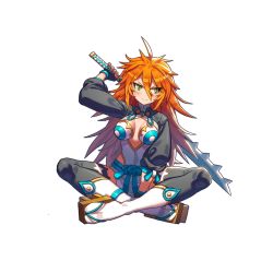 Rule 34 | 1girl, fingerless gloves, full body, furrowed brow, gloves, green eyes, hair between eyes, holding, holding sword, holding weapon, indian style, long hair, messy hair, official art, platform footwear, sandals, sitting, sleeves past elbows, smile, solo, susanoo (uchi no hime-sama), sword, transparent background, uchi no hime-sama ga ichiban kawaii, weapon