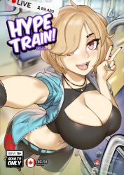 Rule 34 | 1girl, aurahack, black shorts, blue jacket, breasts, brown eyes, cleavage, cleavage cutout, clothing cutout, crop top, hair over one eye, highres, jacket, jewelry, large breasts, livestream, nail polish, navel, necklace, original, outstretched arm, selfie, short hair, shorts, stomach, train interior, v
