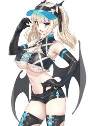 Rule 34 | 1girl, bare shoulders, black gloves, black shorts, black thighhighs, blonde hair, blue eyes, blush, breasts, cleavage, demon wings, elbow gloves, frills, gloves, highres, large breasts, light blonde haired girl (michihasu), long hair, looking at viewer, michihasu, navel, open mouth, original, short shorts, shorts, sidelocks, simple background, solo, thighhighs, twintails, underboob, visor cap, white background, wings