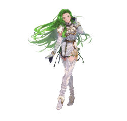 Rule 34 | 1girl, absurdres, annand (fire emblem), armor, belt, black gloves, boots, breastplate, circlet, commentary request, dress, elbow gloves, female focus, fire emblem, fire emblem: genealogy of the holy war, fire emblem heroes, full body, gloves, green eyes, green hair, high heels, highres, jewelry, long hair, looking at viewer, matching hair/eyes, mayo (becky2006), nintendo, official art, parted lips, short dress, shoulder armor, simple background, sleeveless, smile, solo, standing, thigh boots, thighhighs, white background, white dress, zettai ryouiki