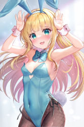 Rule 34 | 1girl, :3, akabane (zebrasmise), animal ears, armpits, bare shoulders, blonde hair, blue eyes, blue leotard, blue ribbon, blush, breasts, bunny day, commentary, covered navel, detached collar, fake animal ears, fake tail, fishnet pantyhose, fishnets, head tilt, highres, leotard, long hair, looking at viewer, mononobe alice, neck ribbon, nijisanji, open mouth, pantyhose, playboy bunny, rabbit ears, rabbit pose, rabbit tail, ribbon, sidelocks, simple background, small breasts, smile, solo, standing, tail, virtual youtuber, white background, wrist cuffs