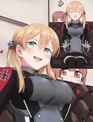 Rule 34 | 2girls, absurdres, anchor hair ornament, aqua eyes, bad id, bad twitter id, black skirt, blonde hair, blush, breasts, brown eyes, brown hair, closed eyes, commission, couch, cross, gloves, hair ornament, heart, highres, iron cross, kantai collection, long hair, long sleeves, looking at viewer, medium breasts, military, military uniform, multiple girls, multiple views, nankyokuman, open mouth, pleated skirt, prinz eugen (kancolle), short hair, sitting, skeb commission, skirt, twintails, uniform, white gloves, z3 max schultz (kancolle)