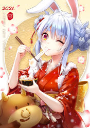 Rule 34 | 1girl, 2021, ;3, akatachibana, alternate costume, animal ear fluff, animal ears, blue hair, blush, bowl, braid, braided bun, breasts, chinese zodiac, chopsticks, commentary request, cow, double bun, eating, floral background, flower, flower request, food, hair bun, highres, holding, holding bowl, holding chopsticks, hololive, japanese clothes, kimono, long hair, looking down, mochi, mochi trail, multicolored hair, nail polish, new year, nose piercing, nose ring, one eye closed, orange eyes, orange nails, piercing, rabbit ears, rabbit girl, red flower, red kimono, sidelocks, silver hair, sleeves past elbows, small breasts, solo, thick eyebrows, two-tone hair, upper body, usada pekora, usada pekora (new year), v-shaped eyebrows, virtual youtuber, wide sleeves, year of the ox