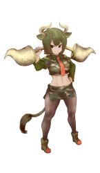 Rule 34 | 10s, 1girl, animal ears, ankle boots, aurochs (kemono friends), black skirt, boots, breasts, brown eyes, camouflage, closed mouth, cow ears, cow horns, cow tail, crop top, dark-skinned female, dark skin, empty eyes, eyebrows, facing away, full body, green footwear, green hair, green shirt, green skirt, hand on own hip, holding, holding weapon, horns, ise (0425), kemono friends, legs apart, long sleeves, medium breasts, miniskirt, navel, necktie, pantyhose, red necktie, shirt, short hair, short sleeves, side slit, simple background, skirt, smile, solo, stomach, tail, toned, v-shaped eyebrows, weapon, white background