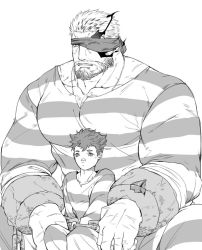 Rule 34 | 2boys, bad id, bad twitter id, balor (housamo), bandaid, bandaid on face, bandaid on nose, bara, beard, chest hair, collarbone, cuffs, eyepatch, facial hair, flaming eye, giant, giant male, greyscale, hair slicked back, handcuffs, hinokumo f, large pectorals, male focus, protagonist 1 (housamo), monochrome, multicolored hair, multiple boys, muscular, muscular male, pectorals, prison clothes, short hair, size difference, streaked hair, tokyo houkago summoners, white background
