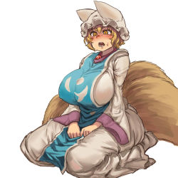 Rule 34 | 1girl, animal ears, animal hat, blonde hair, blush, breasts, bright pupils, chanta (ayatakaoisii), d:, dress, fox ears, fox tail, full body, hands on lap, hat, huge breasts, long sleeves, mob cap, multiple tails, open mouth, seiza, simple background, sitting, socks, solo, sweat, tabard, tail, touhou, white background, white dress, white hat, white socks, yakumo ran, yellow eyes
