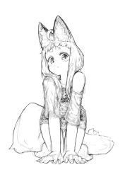 Rule 34 | 1girl, ahoge, all fours, animal ear fluff, animal ears, bare legs, barefoot, blush, fox ears, fox girl (jaco), fox tail, greyscale, jaco, large tail, looking at viewer, monochrome, naked shirt, off shoulder, original, shirt, short hair, sidelocks, simple background, single bare shoulder, solo, tail, white background