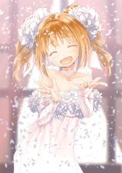 Rule 34 | 1girl, bare shoulders, bridal gauntlets, brown hair, dress, closed eyes, flower, gown, hair ornament, idolmaster, idolmaster (classic), long hair, open mouth, petals, smile, solo, strapless, strapless dress, takatsuki yayoi, twintails, yae (mono110)