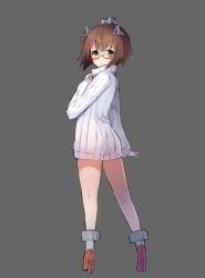 Rule 34 | 10s, 1girl, bespectacled, brown eyes, brown hair, dress, from behind, full body, glasses, grey background, hand on own chest, headgear, highres, kantai collection, looking at viewer, looking back, red-framed eyewear, ribbed sweater, short hair, simple background, solo, sumisu (mondo), sweater, sweater dress, yukikaze (kancolle)