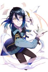 Rule 34 | 1boy, black hair, black pants, blue hair, book, gradient hair, highres, jacket, jeunese, jewelry, looking at viewer, male focus, multicolored hair, necklace, official art, open book, pants, paper, parted lips, quill, soccer spirits, solo, transparent background, tuuuh, yellow eyes