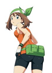 Rule 34 | 1girl, ass, bandana, bike shorts, black shorts, blue eyes, breasts, brown hair, creatures (company), fanny pack, from behind, game freak, gloves, green bandana, highres, may (pokemon), nintendo, orange shirt, pokemon, pokemon dppt, pokemon platinum, shirt, shorts, simple background, sleeveless, sleeveless shirt, small breasts, solo, suitenan, tank top, white background