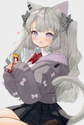 Rule 34 | 1girl, absurdres, animal ear fluff, animal ears, black skirt, black socks, blurry, blurry foreground, blush, bow, brown footwear, cat ears, cat girl, cat tail, collared shirt, commentary request, depth of field, dress shirt, food, food on face, gotou (nekocat), grey background, grey bow, grey hair, grey jacket, hair bow, heart, highres, holding, hood, hood down, hooded jacket, jacket, licking lips, long hair, long sleeves, original, personification, plaid, plaid bow, plaid skirt, pleated skirt, puffy long sleeves, puffy sleeves, purple eyes, red bow, shirt, shoes, signature, simple background, sitting, skirt, sleeves past wrists, socks, solo, tail, tail raised, tongue, tongue out, two side up, very long hair, wariza, white shirt