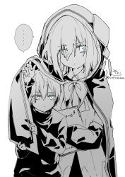 Rule 34 | ..., 1boy, 1girl, absurdres, aged down, ars almal, blue eyes, book, cloak, closed mouth, collared shirt, detached sleeves, ex albio, eyes visible through hair, greyscale, hair between eyes, hair over one eye, highres, hood, hood up, hooded cloak, jitome, long sleeves, looking at viewer, monochrome, nijisanji, hugging object, puffy long sleeves, puffy sleeves, see-through, see-through sleeves, shared cape, shared clothes, shirt, signature, simple background, sleeves past wrists, sofra, spoken ellipsis, spot color, twitter username, upper body, virtual youtuber, white background