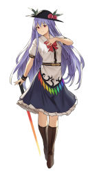 Rule 34 | 1girl, black hat, blue hair, boots, bow, bowtie, brown footwear, closed mouth, collared shirt, commentary request, food, fruit, full body, hat, highres, hinanawi tenshi, houtengeki, long hair, looking at viewer, miniskirt, peach, puffy short sleeves, puffy sleeves, red bow, red bowtie, red eyes, shirt, short sleeves, simple background, skirt, smile, solo, standing, sword of hisou, touhou, white background, white shirt, wing collar, wristband