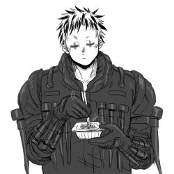 Rule 34 | 1boy, closed eyes, colored tips, dorohedoro, eating, facial mark, food, greyscale, light blush, male focus, monochrome, motion lines, multicolored hair, no eyebrows, noodles, risu (dorohedoro), solo, to (pixiv 34180059), tool belt, upper body