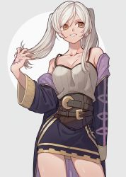 Rule 34 | 1girl, bare shoulders, breasts, brown eyes, camisole, cleavage, coat, contrapposto, corset, cowboy shot, fire emblem, fire emblem awakening, grey background, grin, hand in own hair, hand tattoo, highres, itou (very ito), long hair, medium breasts, nintendo, off shoulder, open clothes, open coat, parted lips, purple coat, purple skirt, robin (female) (fire emblem), robin (fire emblem), silver hair, skirt, smile, solo, swept bangs, tattoo, teeth, twintails, two-tone background