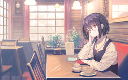 Rule 34 | 1girl, black hair, blush, book, cafe, chair, closed mouth, cup, glasses, hand on own face, highres, indoors, jewelry, koh rd, long sleeves, looking at viewer, medium hair, necklace, original, sitting, table, tea, teacup, window, yellow eyes