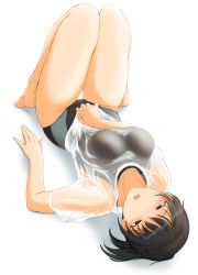 Rule 34 | 1girl, amagami, barefoot, black eyes, black hair, breasts, collarbone, competition swimsuit, large breasts, lying, on back, one-piece swimsuit, open mouth, ponytail, sasaki akira (ugc), see-through, shirt, skin tight, solo, swimsuit, swimsuit under clothes, t-shirt, taut clothes, taut shirt, thigh gap, thighs, tsukahara hibiki, upside-down, wet, wet clothes