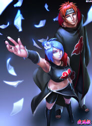 Rule 34 | 1boy, 1girl, akatsuki uniform, amegakure symbol, arms up, black pants, black shorts, blue hair, blue lips, body piercings, boots, closed mouth, crop top, earrings, flower, forehead protector, full body, hair flower, hair ornament, hair over one eye, highres, jewelry, konan (naruto), labret piercing, lip piercing, lipstick, looking at viewer, makeup, midriff, naruto, naruto (series), naruto shippuuden, orange hair, pain (naruto), pants, paper, piercing, purple eyes, rinnegan, sandals, shenhe (narcissus19), shoes, short hair, shorts, smile, spiked hair, uniform
