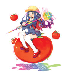 Rule 34 | 1girl, :d, backpack, bag, bag charm, blue dress, blue hair, blunt bangs, charm (object), crossed arms, dress, food, fruit, full body, green eyes, hat, holding, legs, long hair, long sleeves, magic circle, mary janes, open mouth, original, pleated dress, randoseru, red footwear, ryoji (nomura ryouji), sailor dress, school hat, school uniform, serafuku, shoes, short dress, simple background, sitting, skirt, smile, solo, staff, thighhighs, tomato, two-handed, white background, white thighhighs