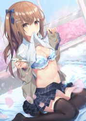 Rule 34 | 1girl, absurdres, black thighhighs, blue bra, blue neckwear, blue panties, blue ribbon, blue skirt, blue sky, blurry, blush, bra, breasts, brown eyes, brown hair, cardigan, cleavage, clothes in mouth, clothes lift, collared shirt, commentary request, cona kinaco, day, depth of field, digital thermometer, dutch angle, frilled bra, frills, front-tie bra, grey cardigan, hair ornament, hair ribbon, hairclip, hands up, highres, holding, indoors, lifted by self, light particles, long hair, long sleeves, looking at viewer, medium breasts, miniskirt, moe2019, mouth hold, navel, no shoes, on bed, one side up, open cardigan, open clothes, original, panties, petals, pleated skirt, ribbon, school uniform, shirt, shirt in mouth, shirt lift, sidelocks, sitting, skirt, sky, sleeves past wrists, solo, stomach, striped bra, striped clothes, striped panties, sunlight, thermometer, thighhighs, tree, underwear, white shirt, window, yokozuwari