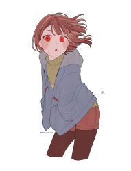 Rule 34 | 1girl, ake blood, blue jacket, blush stickers, brown hair, brown pantyhose, brown shorts, chara (undertale), commentary, dot nose, green sweater, hands in pockets, highres, jacket, open mouth, pantyhose, red eyes, short hair, shorts, signature, sweater, twitter username, undertale, white background