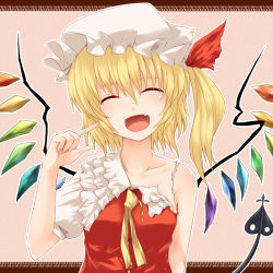 Rule 34 | 1girl, :d, blonde hair, blush, closed eyes, embodiment of scarlet devil, fang, female focus, flandre scarlet, happy, hat, laevatein, miyo (ranthath), necktie, open mouth, short hair, side ponytail, smile, solo, torn clothes, touhou, upper body, wings