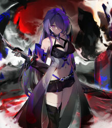 Rule 34 | 1girl, acheron (honkai: star rail), bandaged leg, bandages, black shorts, breasts, cleavage, coat, commentary, elphe, feet out of frame, hair over one eye, highres, holding, holding sword, holding weapon, honkai: star rail, honkai (series), katana, large breasts, long hair, looking at viewer, midriff, navel, purple eyes, purple hair, scabbard, sheath, sheathed, short shorts, shorts, single bare shoulder, solo, standing, stomach, sword, very long hair, weapon