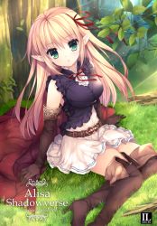 Rule 34 | 1girl, arisa (shadowverse), blonde hair, boots, breasts, cape, elbow gloves, elf, forest, gloves, green eyes, hair ribbon, high heel boots, long hair, looking at viewer, medium breasts, mitha, nature, open mouth, pointy ears, ribbon, shadowverse, skirt, solo, thigh boots, thighhighs
