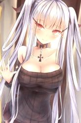 Rule 34 | 1girl, black legwear, breast hold, breasts, hair ornament, jewelry, kiseno, large breasts, long hair, long sleeves, looking at viewer, neck ring, original, red eyes, red skirt, skirt, smile, solo, sweater, thighs, twintails, white hair