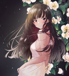 Rule 34 | 1girl, bare shoulders, black eyes, black hair, breasts, cover, cover page, dress, flower, fly 333, from side, long hair, looking back, medium breasts, night, night sky, novel cover, parted lips, petals, sideboob, sky, solo, star (sky), starry sky, upper body, white dress