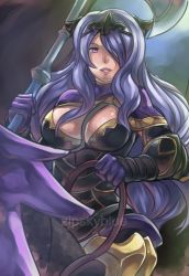 Rule 34 | 1girl, absurdres, armor, armored boots, artist name, axe, battle axe, between breasts, black armor, boots, breasts, camilla (fire emblem), cleavage, dragon, dragon riding, fire emblem, fire emblem fates, hair over one eye, highres, large breasts, light purple hair, lips, long hair, marzia (fire emblem if), nintendo, parted lips, purple eyes, sidelocks, solo, strap, strap between breasts, teeth, thigh boots, thighhighs, wavy hair, weapon, wyvern, zipskyblue