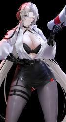 Rule 34 | 1girl, absurdres, azur lane, belt, black background, black belt, black bra, black choker, black gloves, black skirt, blonde hair, blue eyes, bra, breasts, bridal garter, choker, cleavage, closed mouth, collarbone, collared shirt, commentary, cowboy shot, cuffs, elbow gloves, gloves, grey pantyhose, hair between eyes, hand on own hip, handcuffs, headset, high-waist pantyhose, high-waist skirt, highres, holding, holding megaphone, impossible hair, irkawaza, kronshtadt (azur lane), kronshtadt (begin the rush!) (azur lane), large breasts, long hair, long sleeves, looking at viewer, megaphone, miniskirt, mole, mole on breast, official alternate costume, one eye closed, open clothes, open shirt, pantyhose, parted bangs, pencil skirt, shirt, sidelocks, simple background, skindentation, skirt, solo, standing, stomach, thigh strap, underwear, very long hair, white shirt