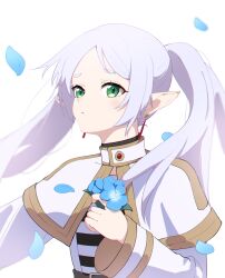 Rule 34 | 1girl, blue flower, capelet, commentary request, drop earrings, earrings, elf, flower, frieren, green eyes, highres, holding, holding flower, jewelry, long hair, long sleeves, looking at viewer, moetora, nemophila (flower), parted bangs, petals, pointy ears, shirt, simple background, solo, sousou no frieren, striped clothes, striped shirt, twintails, white background, white capelet, white hair