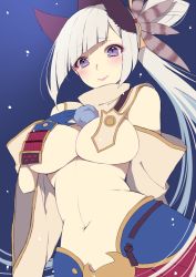 Rule 34 | 1girl, arm behind back, armor, bare shoulders, blue gloves, blush, breast curtains, breasts, brynhildr (fate), cosplay, detached sleeves, diagonal bangs, fate/grand order, fate/prototype, fate/prototype: fragments of blue and silver, fate (series), gloves, hand on own chest, highres, japanese armor, large breasts, long hair, looking at viewer, midriff, mld mlu, navel, night, night sky, purple eyes, revealing clothes, side ponytail, silver hair, sky, smile, solo, star (symbol), starry background, underboob, upper body, ushiwakamaru (fate), ushiwakamaru (fate) (cosplay), very long hair