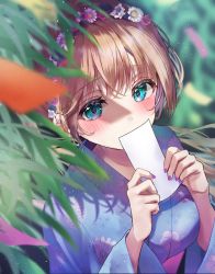 Rule 34 | 1girl, bamboo, blue eyes, blue kimono, blush, breasts, brown hair, character request, commentary request, copyright request, covering own mouth, dappled sunlight, floating hair, floral print, flower, hair flower, hair ornament, hairband, highres, japanese clothes, kimono, light particles, long hair, looking at viewer, medium breasts, nail polish, obi, outdoors, pink sash, ponytail, purple nails, sash, solo, sunlight, tanabata, tanzaku, tenpura goma, upper body, wind, yukata