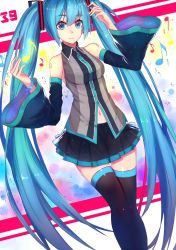 Rule 34 | 1girl, bad id, bad pixiv id, black skirt, black thighhighs, blue eyes, blue hair, blue nails, blush, detached sleeves, echj, hatsune miku, highres, long hair, long sleeves, looking at viewer, musical note, nail polish, navel, skirt, smile, solo, thighhighs, twintails, vocaloid