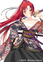 Rule 34 | 1girl, agent 7, bad id, bad pixiv id, bandages, bare shoulders, brown eyes, chest sarashi, donacoo, hair ornament, holding, japanese clothes, katana, long hair, looking at viewer, official art, original, ponytail, red hair, sarashi, simple background, solo, sword, weapon, white background, yuuhi homare
