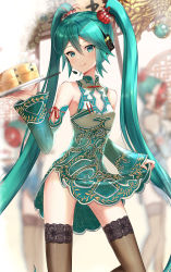 Rule 34 | 1girl, :&gt;, :p, absurdres, aqua dress, aqua eyes, aqua hair, aqua sleeves, bad id, bad pixiv id, bamboo steamer, bare shoulders, black thighhighs, blurry, blurry background, china dress, chinese clothes, clothes lift, commentary, contrapposto, cowboy shot, detached sleeves, dress, hand up, hatsune miku, headphones, highres, itogari, lace, lace-trimmed legwear, lace trim, leaf print, long hair, looking at viewer, mask, mouth mask, project diva (series), red ribbon, ribbon, skinny, skirt, skirt lift, smile, steam, suigyoku (module), thighhighs, tongue, tongue out, tray, twintails, very long hair, vocaloid