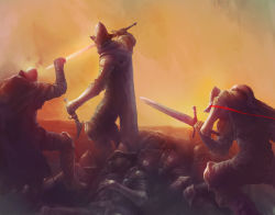 Rule 34 | 3boys, abyss watcher, arm up, armor, battle, boots, cape, corpse, dagger, dark souls (series), dark souls iii, death, dual wielding, facing another, feet out of frame, fighting stance, full body, gauntlets, greatsword, hand wraps, helmet, highres, holding, holding dagger, holding knife, holding sword, holding weapon, knee pads, knife, leaning forward, light trail, male focus, mask, mouth mask, multiple boys, orange theme, pants, pauldrons, pile of corpses, reverse grip, sheepspear, shoulder armor, single gauntlet, single pauldron, standing, sword, weapon