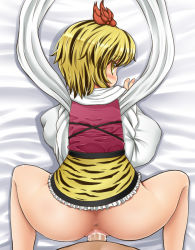 Rule 34 | 1girl, anus, ass, blonde hair, blush, bottomless, clothed sex, cum, cum in pussy, doggystyle, from behind, gradient background, hair ornament, katou kaiou, looking at viewer, looking back, penis, pov, sex, sex from behind, solo focus, tiger stripes, top-down bottom-up, toramaru shou, touhou, uncensored, vaginal, yellow eyes