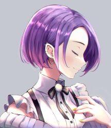 Rule 34 | 1girl, bob cut, closed eyes, closed mouth, commentary request, ear piercing, earrings, grey background, hand on own chest, highres, hololive, jewelry, nail polish, piercing, profile, purple hair, short hair, simple background, solo, tokoyami towa, upper body, virtual youtuber, zexalmike