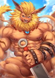1boy, abs, animal ears, bara, beard, blonde hair, blush, brown fur, completely nude, covering, covering crotch, dagger, digimon, digimon (creature), facial hair, highres, holding, holding dagger, holding weapon, large pectorals, leomon, lion boy, lion ears, lion tail, male focus, muscular, muscular male, navel, nipples, nude, rabbity art, sexually suggestive, solo, stomach, sweat, tail, thighs, weapon