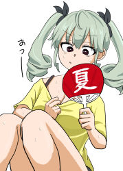 Rule 34 | 1girl, anchovy (girls und panzer), black eyes, black ribbon, bra strap, breasts, casual, cleavage, clothes pull, commentary, drill hair, frown, girls und panzer, green hair, hair ribbon, hand fan, highres, holding, holding fan, kanji, looking at viewer, medium breasts, medium hair, natsume mina, paper fan, parted lips, pulling own clothes, ribbon, shirt, shirt pull, short sleeves, simple background, sitting, solo, sweat, t-shirt, translated, twin drills, twintails, white background, yellow shirt