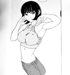 Rule 34 | 1girl, bad id, bad pixiv id, black hair, breasts, closed mouth, collar, dende (dndn222), greyscale, highres, large breasts, light smile, looking at viewer, monochrome, navel, nike (company), original, pants, scan, scan artifacts, short hair, solo, sports bra, standing, stomach, traditional media