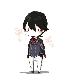 Rule 34 | 10s, 1boy, black hair, blush stickers, chibi, chimaki., double-breasted, earrings, floral background, full body, grey jacket, horikawa kunihiro, jacket, jewelry, male focus, military, military uniform, pants, simple background, solo, standing, stud earrings, touken ranbu, uniform, white background, white pants